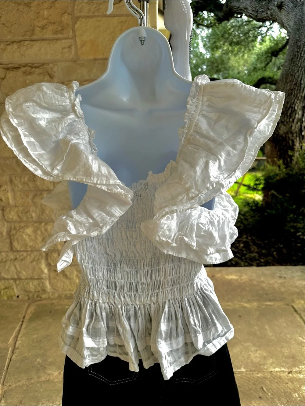 Banana Republic White Smocked Ruffle Sleeve Peplum Top